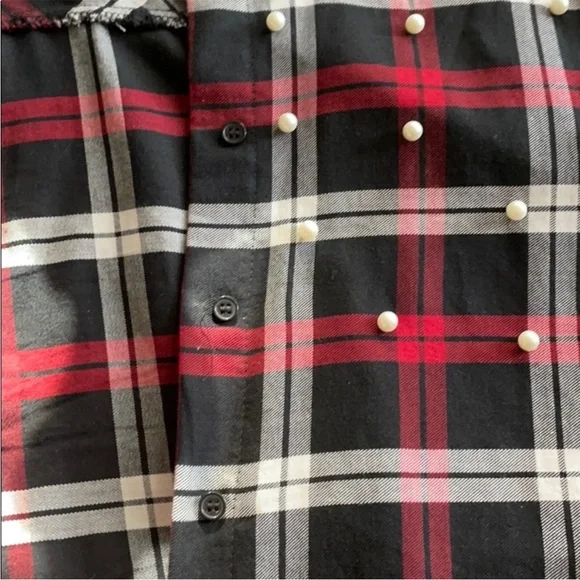 ZARA Basic Collection Black and Red White Faux Pearls Plaid Button Down Shirt ❤️ - Picture 9 of 11